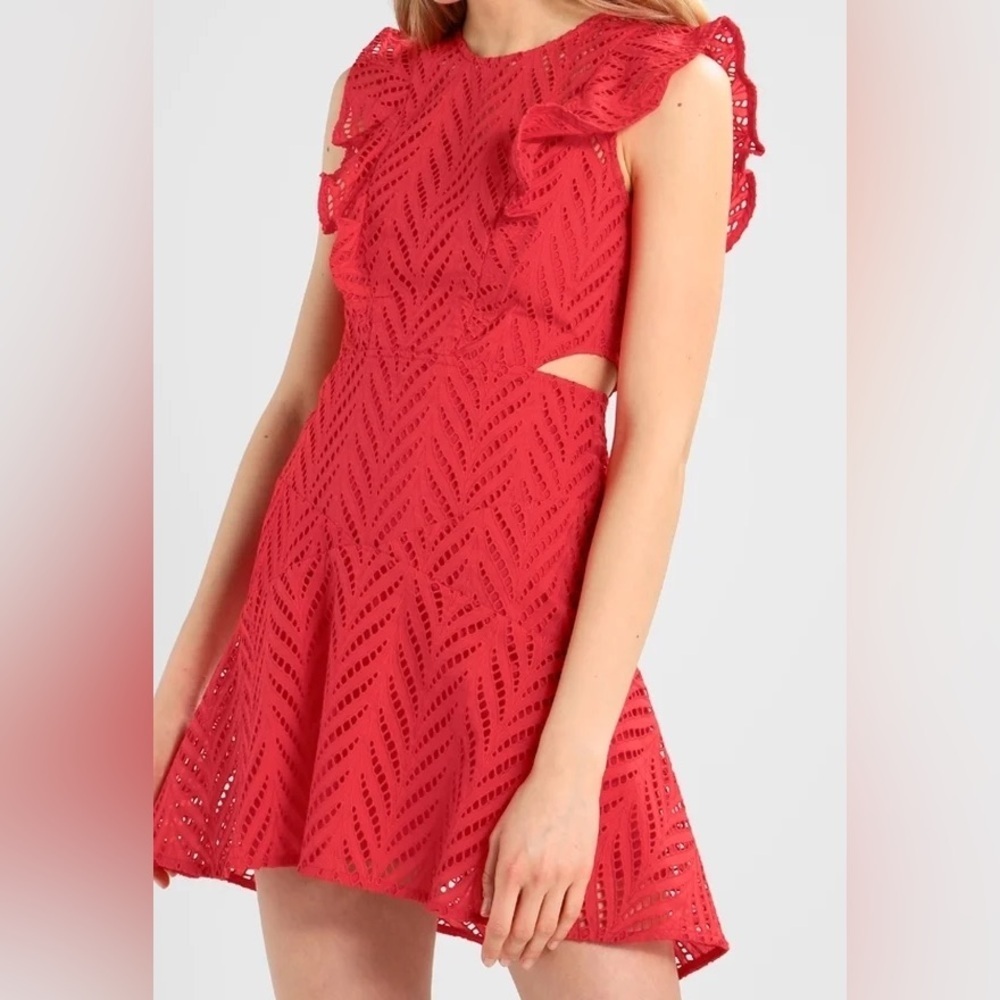 Bardot Kira Red Eyelet Ruffle Dress Size 10/L